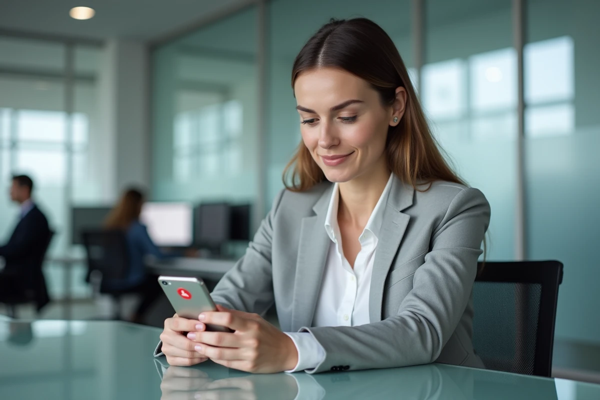 Femme en bureau utilisant un VPN sur smartphone pour accéder à un site bloqué ou indisponible