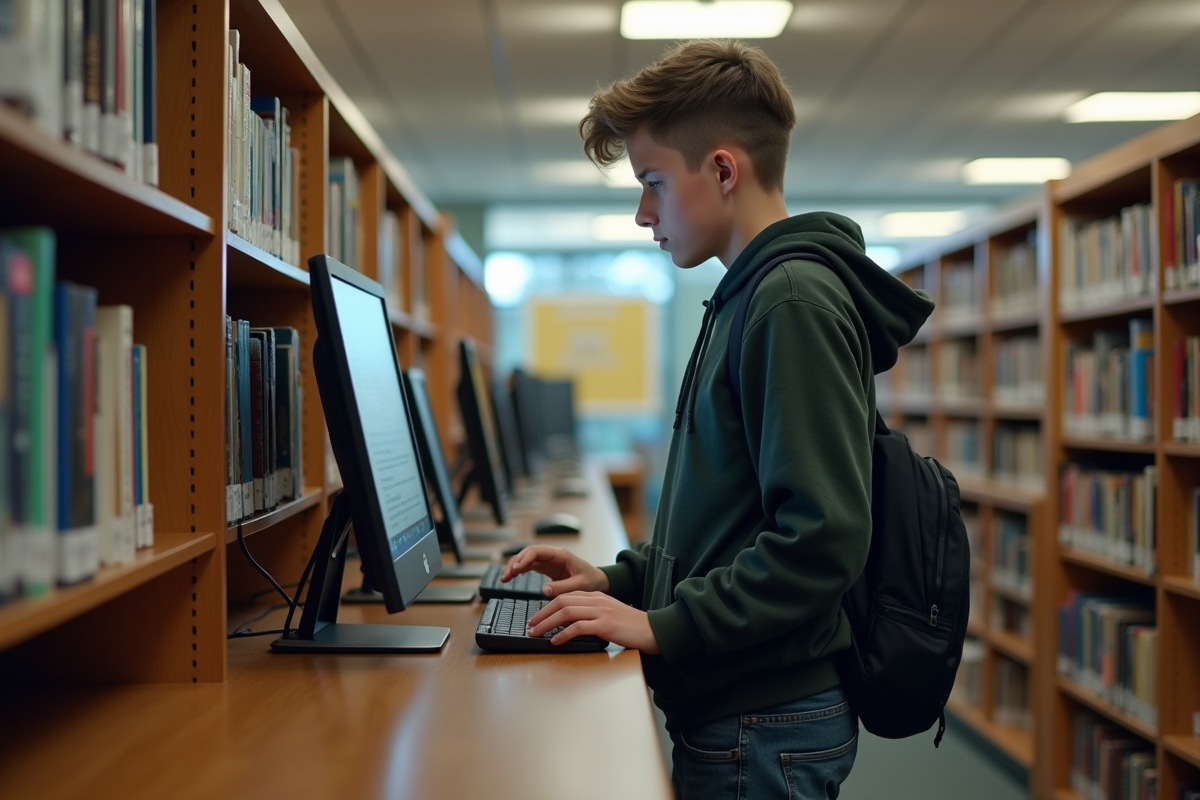 Adolescent en hoodie utilisant un ordinateur dans une bibliothèque