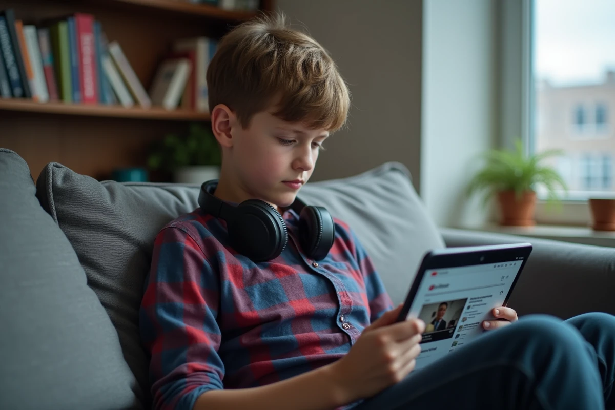 Adolescent regardant une vidéo sur tablette dans un salon moderne