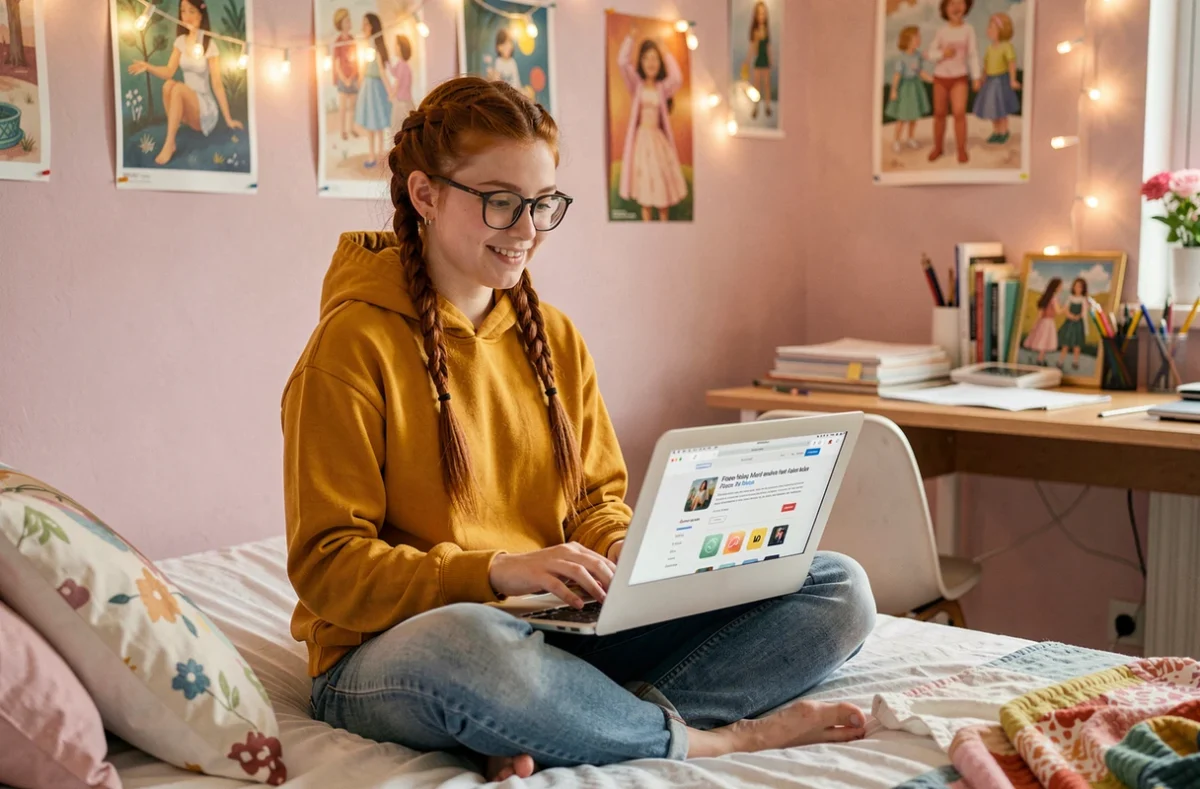 Adolescente découvrant des applications de peinture gratuites pour Mac dans sa chambre