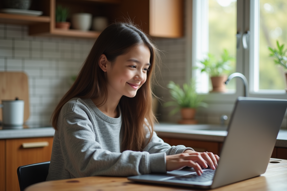 Adolescente souriante cliquant rapidement sur une souris dans la cuisine