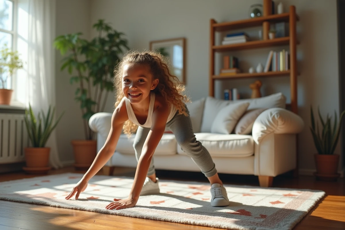 Adolescente faisant un barrel roll dans un salon moderne