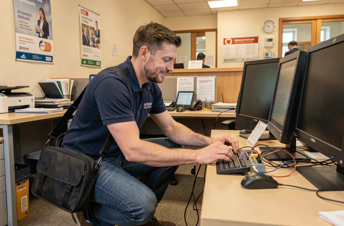 Technicien d'Aktea réalisant une intervention de maintenance informatique et support de proximité dans une petite entreprise en Moselle
