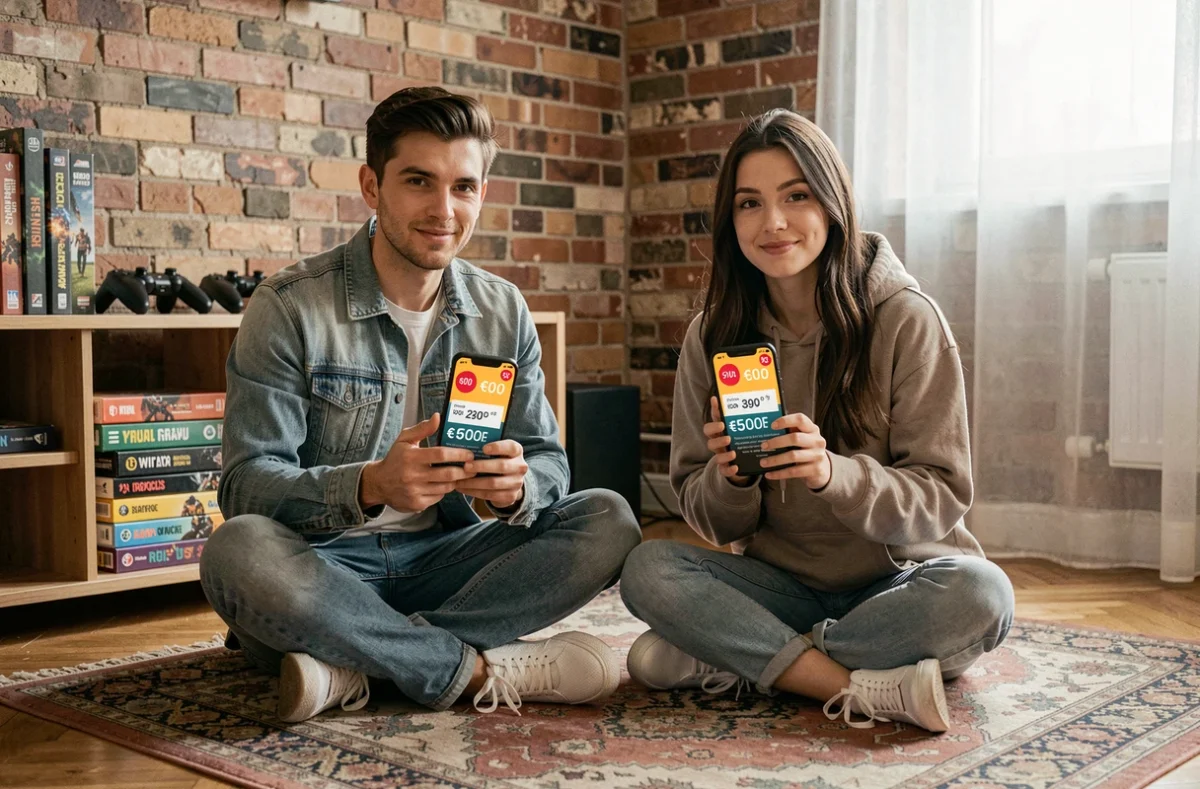 Deux amis assis par terre comparant des offres d'abonnement jeux sur smartphone avec remises