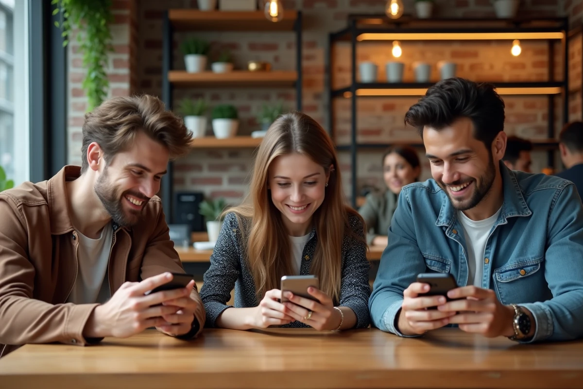 Trois amis au café utilisant leurs smartphones dans une ambiance chaleureuse