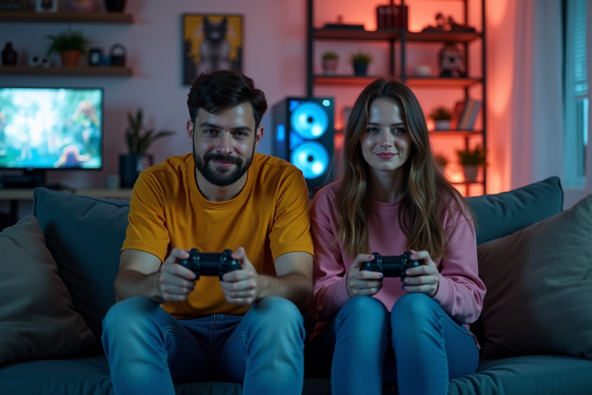 Deux amis jouent ensemble à un jeu vidéo dans le salon
