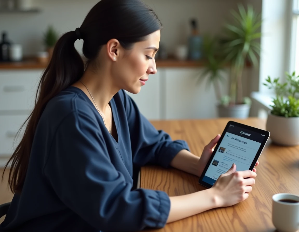 Femme utilisant l'application Ma Freebox sur tablette pour gérer ses enregistrements TV