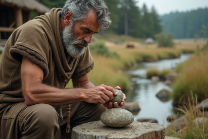 Homme préhistorique façonnant un outil en pierre dans un campement