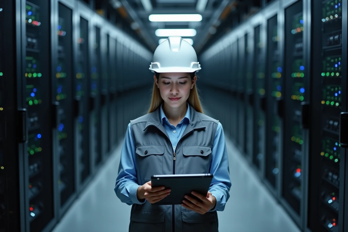 Spécialiste en sécurité informatique effectuant un audit de conformité dans une salle de serveurs de datacenter pour la protection des infrastructures critiques