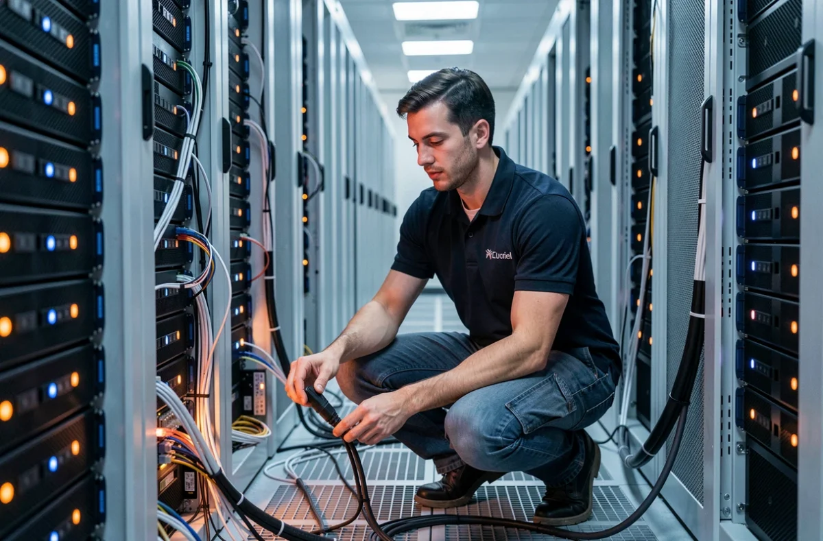 Ingénieur réseau Axians connectant des câbles fibre optique dans une allée de datacenter professionnel