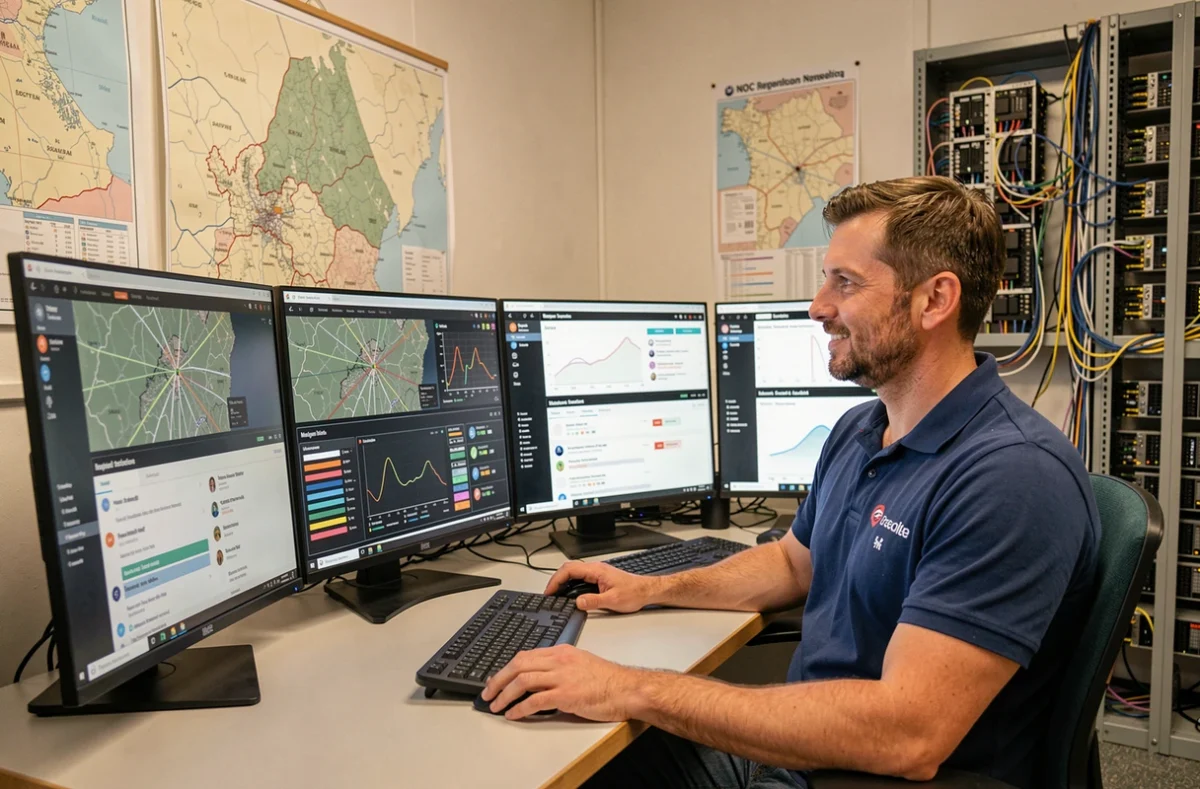 Technicien réseau d'Axido supervisant des tableaux de bord de services managés et de réseau en temps réel depuis un NOC en Moselle