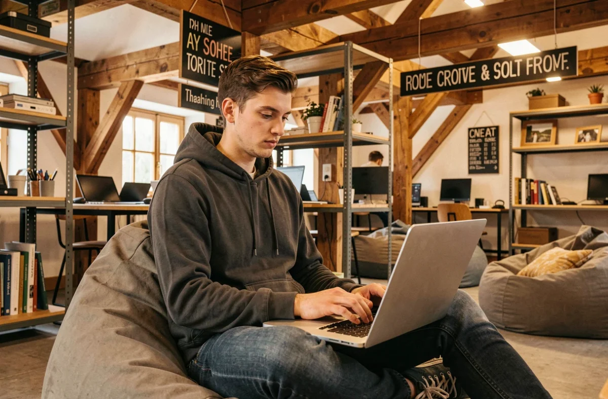 Technicien informatique de Breizhtic travaillant sur son ordinateur portable dans un espace de coworking breton