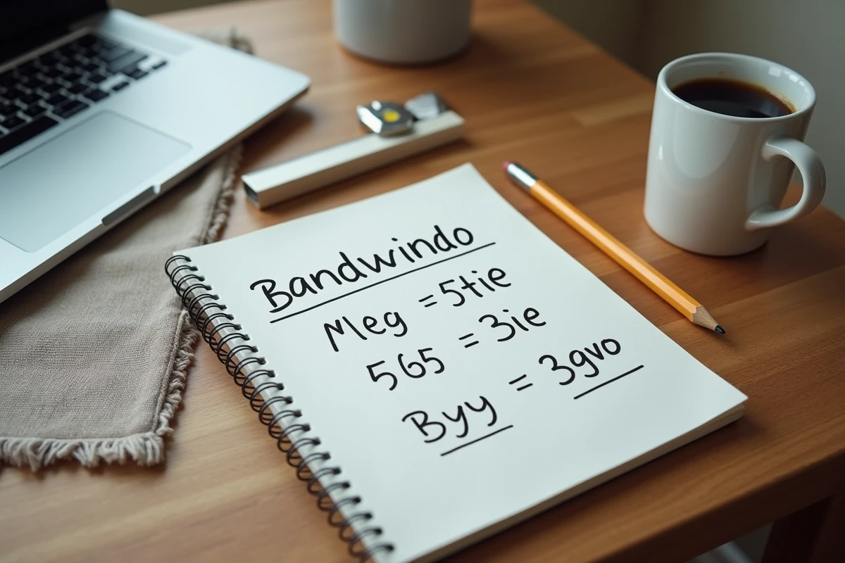 Vue de dessus d'un bureau avec des notes manuscrites de calcul de conversion mégaoctets et gigaoctets