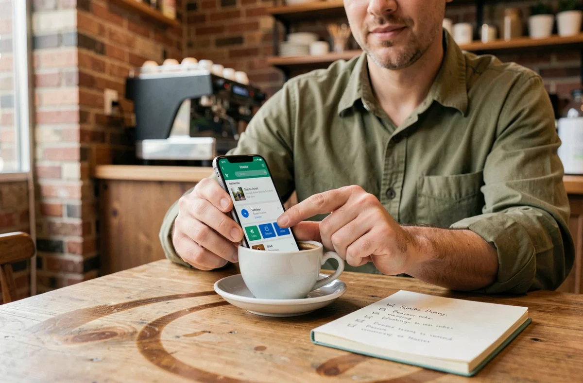 Personne suivant une check-list de configuration Android sur smartphone dans un café urbain