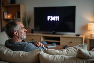 Homme frustré devant sa télévision affichant le code erreur F3411 après la perte des chaînes Bouygues
