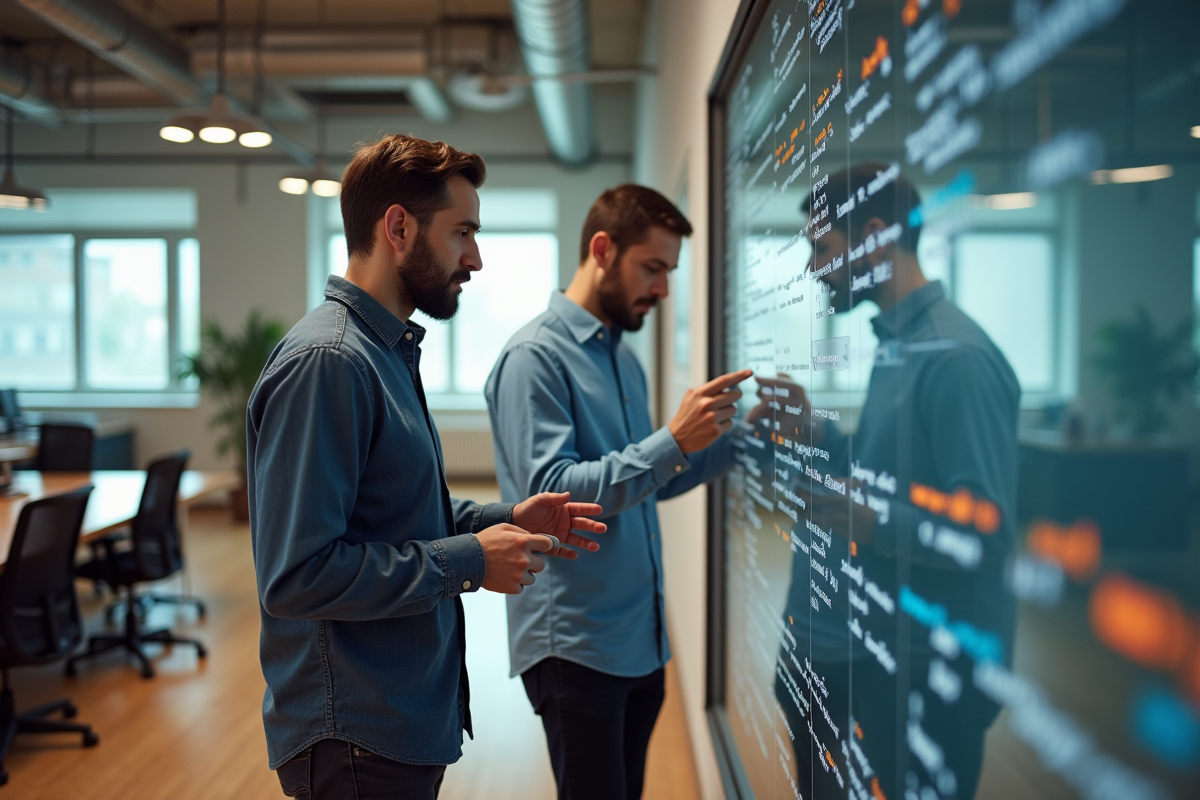Deux hommes collaborant autour de code SQL dans un espace de coworking