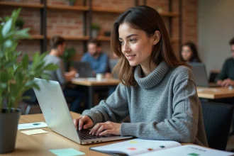 Jeune femme travaillant en collaboration sur un document partagé en ligne depuis un espace de coworking moderne