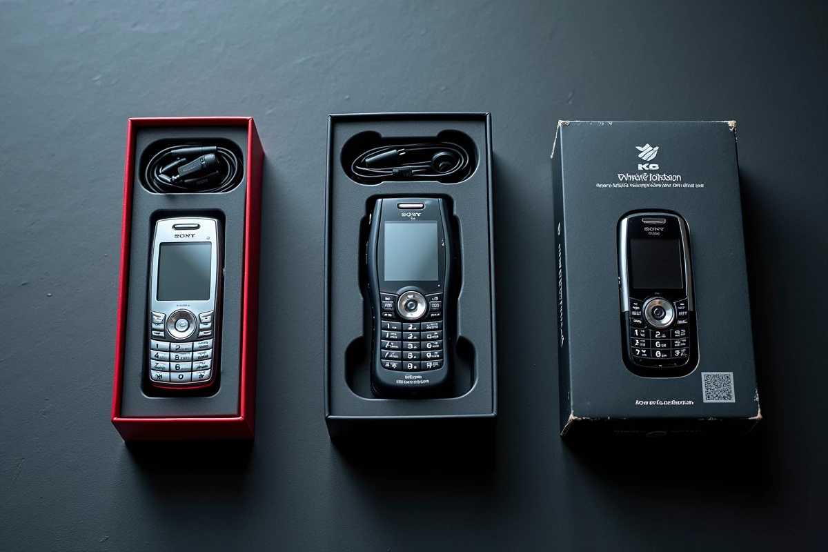 Collection de téléphones Sony Ericsson Walkman W800i W850i et W910i avec boîtes originales sur ardoise sombre
