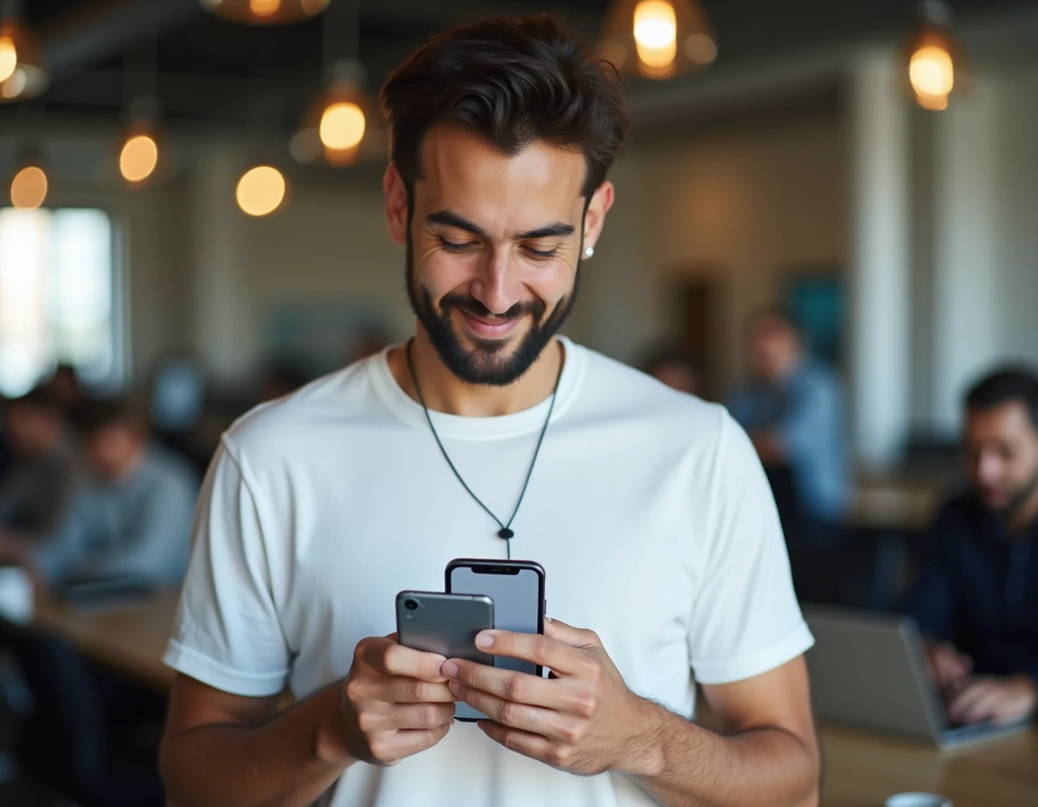 Un jeune homme comparant l'application Begone à d'autres applis anti-démarchage sur son smartphone Android dans un espace de coworking