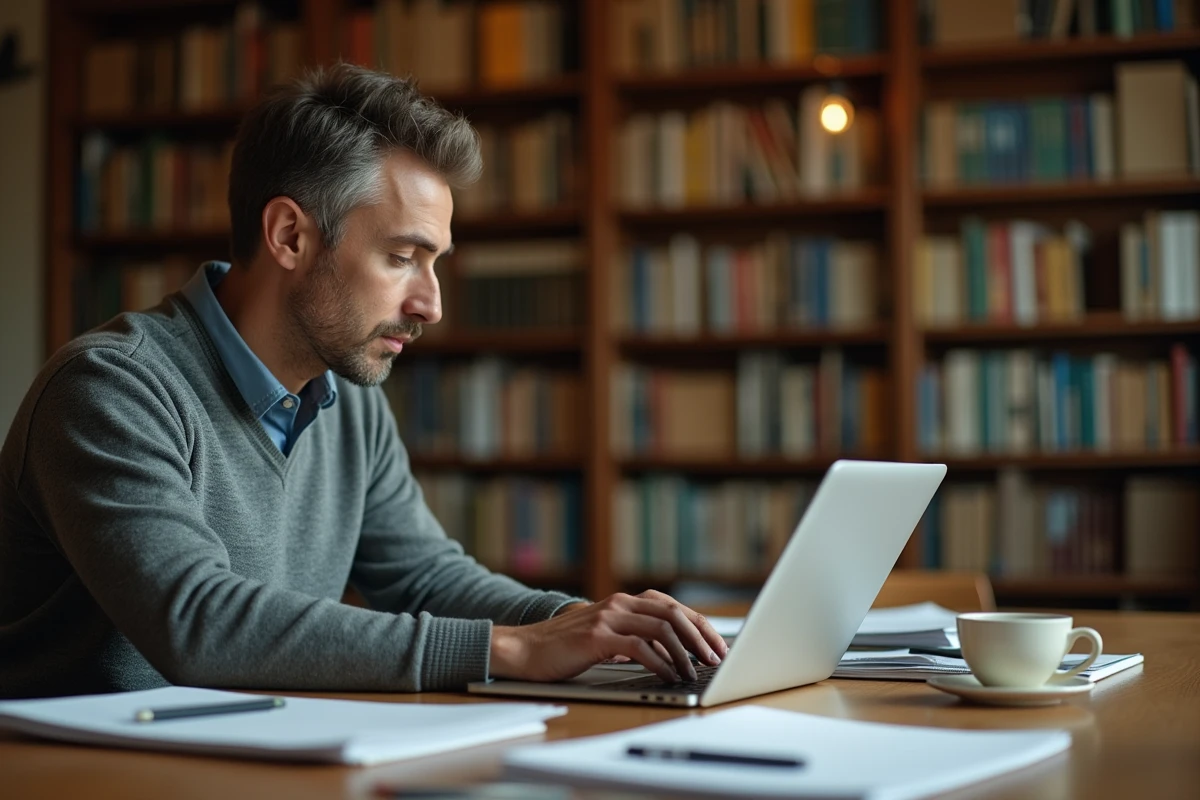 Homme comparant une messagerie classique et le webmail académique de Rennes sur un ordinateur portable dans une bibliothèque universitaire