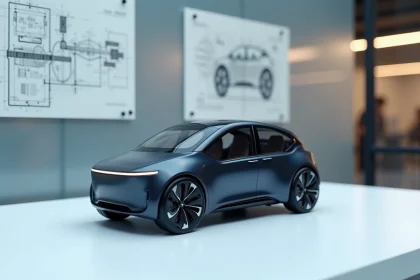 Maquette de concept de voiture électrique compacte Tesla portable exposée dans un studio de design automobile avec des plans de brevets en arrière-plan
