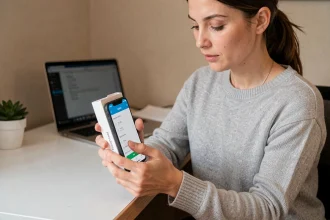 Femme configurant un smartphone Android neuf pour la première fois à son bureau à domicile