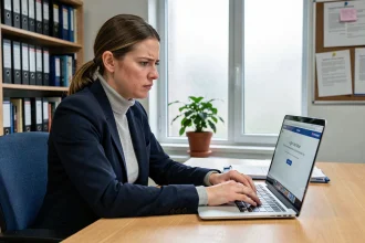 Femme en blazer marine face à une erreur de connexion sur la messagerie académique Mel Ouvert de Rennes sur son ordinateur portable