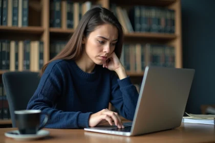 Jeune femme frustrée face à un message d'erreur de connexion sur son webmail universitaire