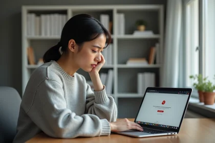 Femme frustrée devant un message d'erreur de connexion webmail sur son ordinateur portable à domicile
