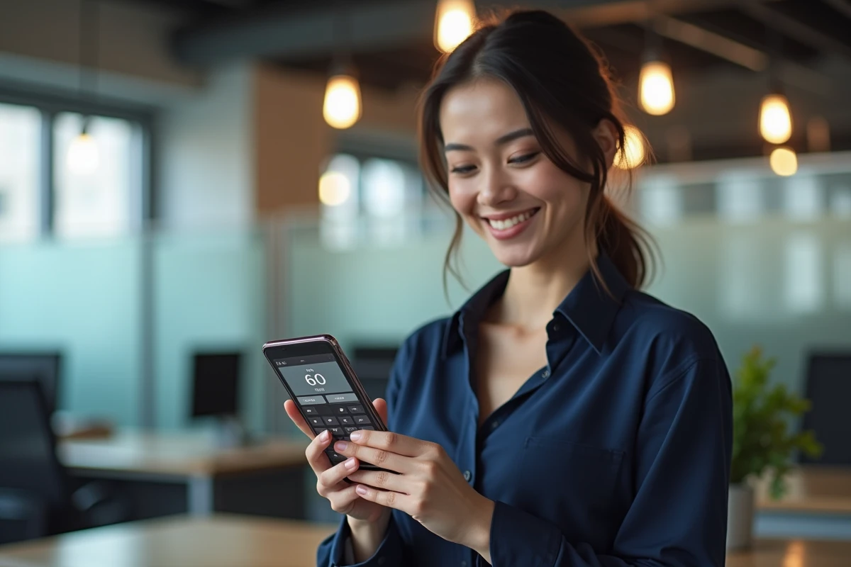 Femme tenant un smartphone affichant une calculatrice de conversion Go Mo dans un espace de coworking