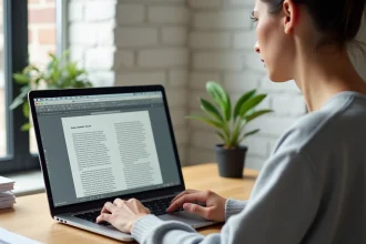 Femme convertissant un fichier Pages en PDF sur MacBook dans un bureau à domicile