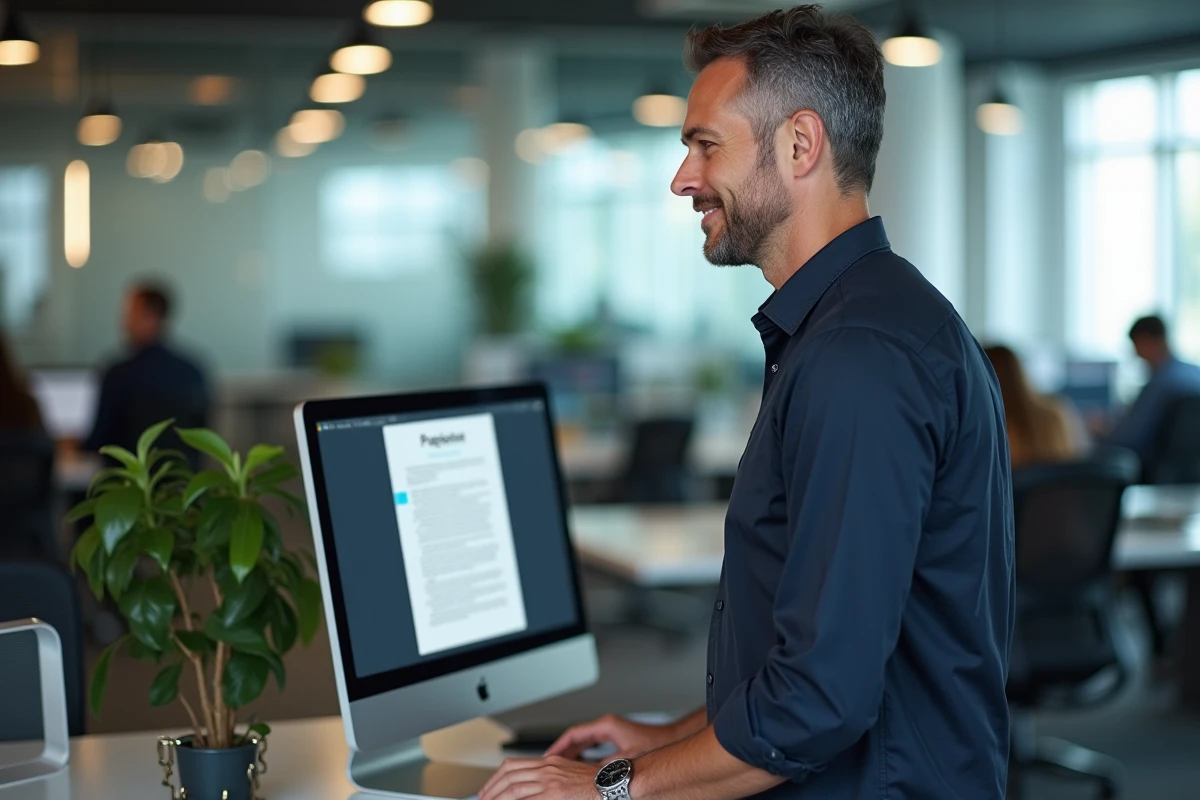 Homme comparant fichier Pages et PDF sur iMac dans un open space professionnel