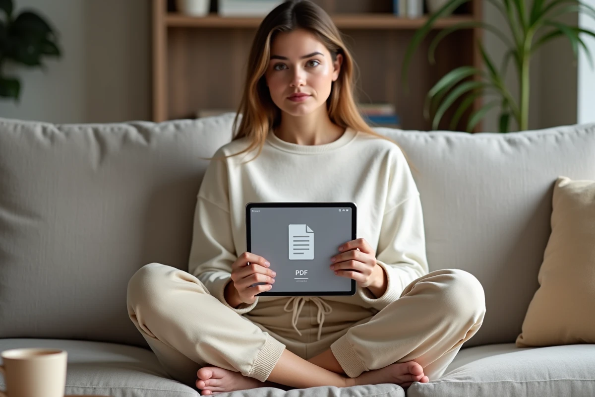 Jeune femme convertissant un fichier Pages en PDF sur iPad dans un salon moderne