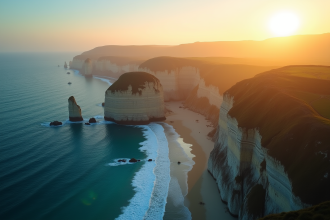 Drone surplombant une côte au lever du soleil avec falaises et eaux turquoise