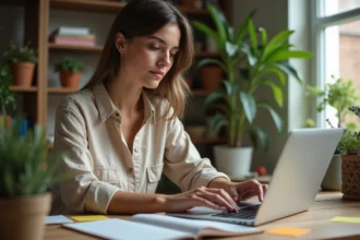Créatrice de contenu utilisant un outil d'intelligence artificielle pour générer des scripts et des idées de posts sur son ordinateur portable dans un bureau à domicile
