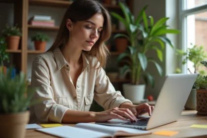 Créatrice de contenu utilisant un outil d'intelligence artificielle pour générer des scripts et des idées de posts sur son ordinateur portable dans un bureau à domicile