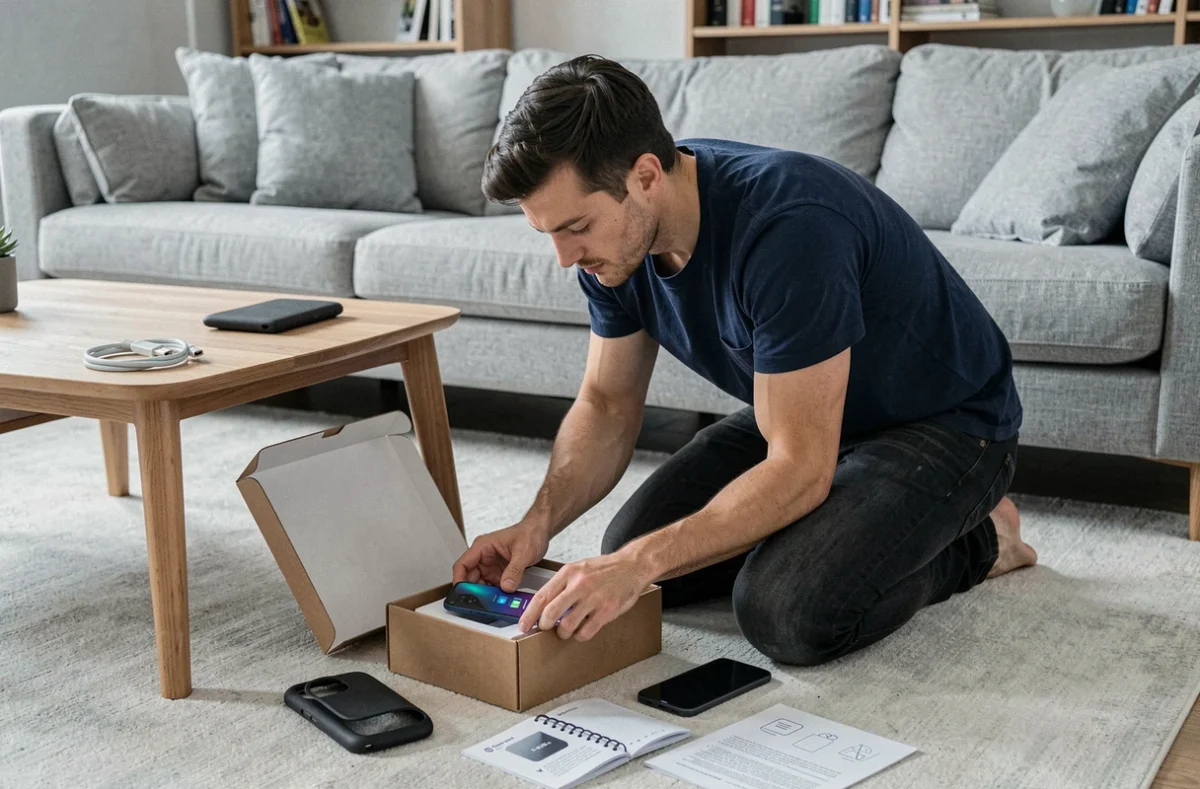 Homme déballant un nouveau téléphone Android et suivant une check-list de configuration dans son salon
