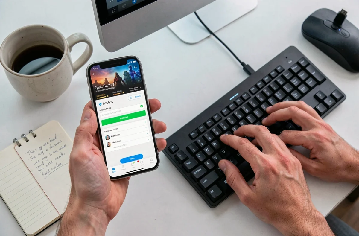 Gros plan de mains effectuant une résolution de problème d'activation Epic Games sur smartphone et clavier d'ordinateur