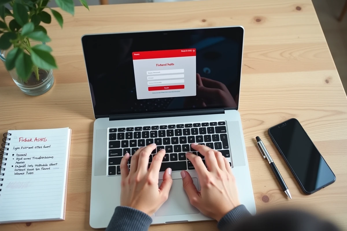 Gros plan sur des mains tapant sur un ordinateur avec une erreur de connexion webmail et des notes de dépannage