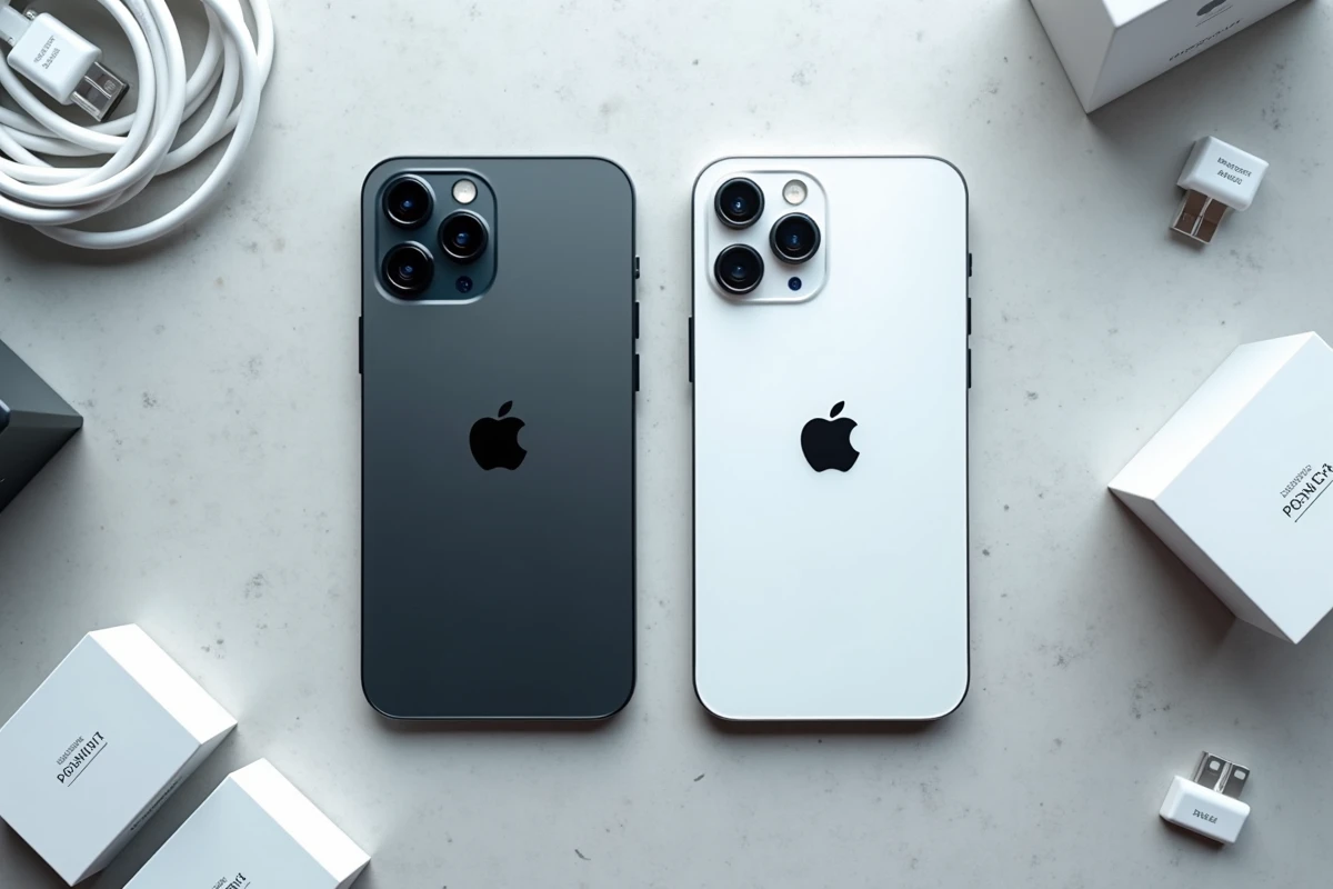 Deux iPhone 14 côte à côte sur fond gris pierre avec accessoires pour un guide d'achat comparatif