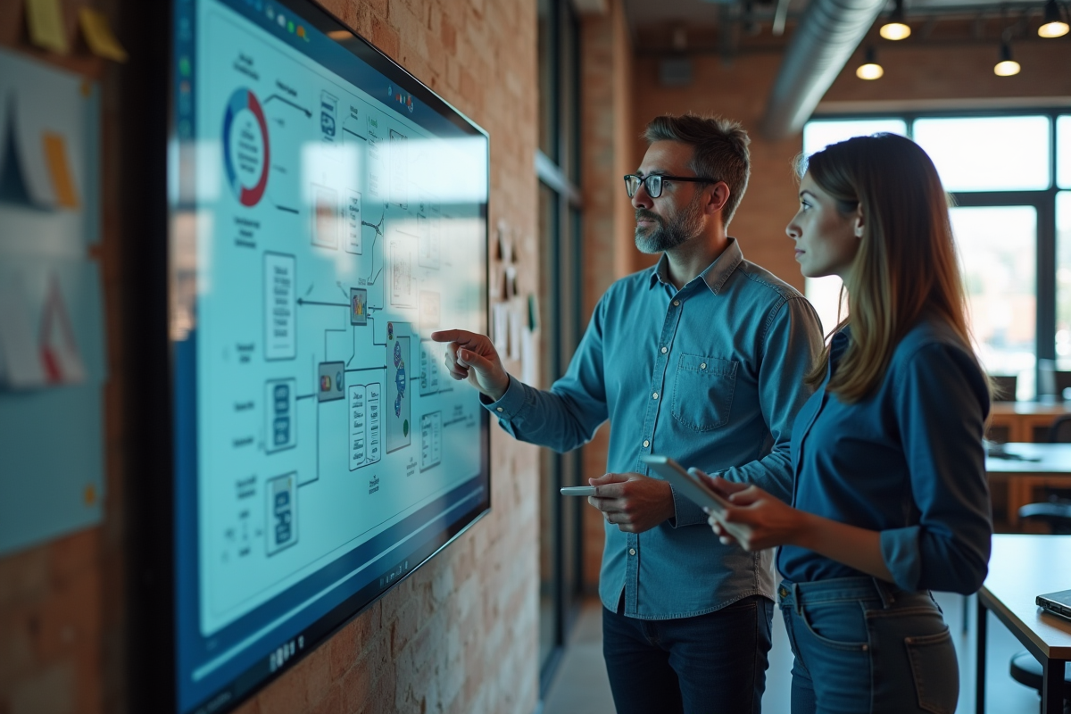 Développeur collaborant avec une collègue sur un tableau API
