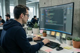 Développeur Python analysant du code XML sur un grand écran dans un bureau moderne