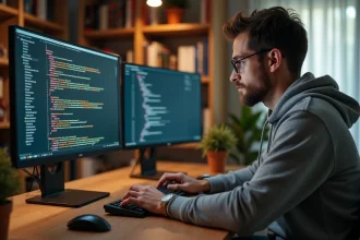 Développeur Python concentré devant un écran affichant du code avec des listes imbriquées et la méthode append