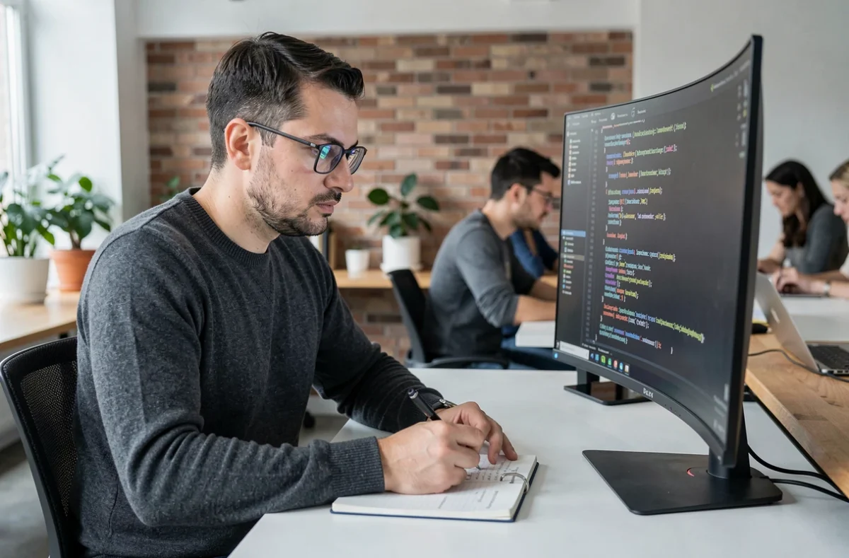 Développeur SaaS roumain concentré sur du code B2B dans un espace de coworking minimaliste