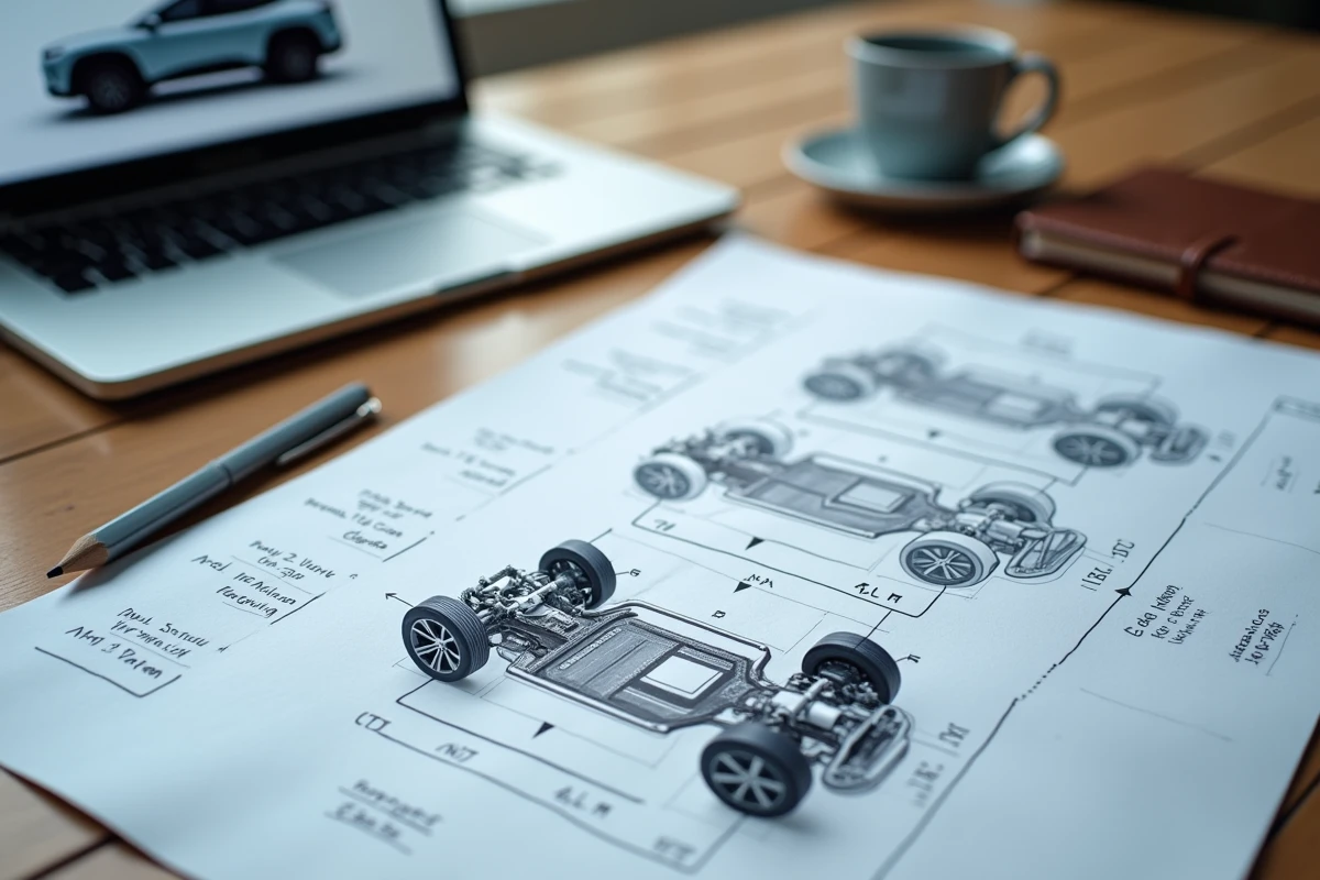 Documents de brevets et fuites techniques annotés de schémas de véhicule électrique compact Tesla étalés sur un bureau en bois avec ordinateur portable