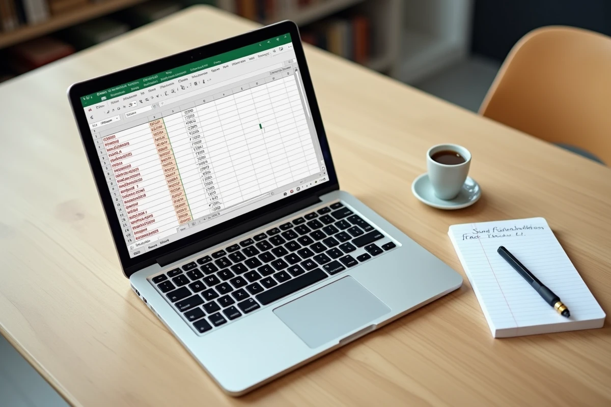 Vue aérienne d'un écran Excel avec des doublons surlignés en rouge sur un bureau en chêne clair