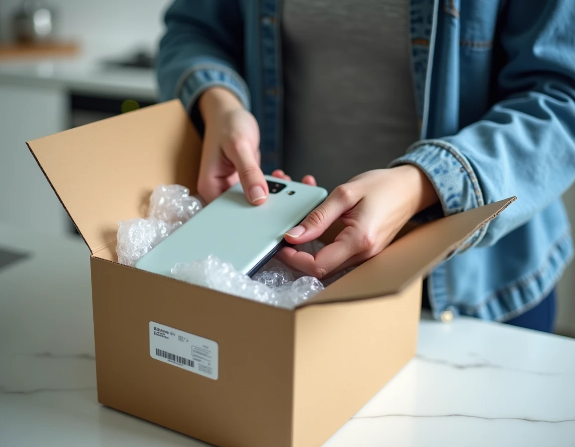 Femme emballant un Google Pixel 6 dans une boîte d'expédition pour le revendre en ligne