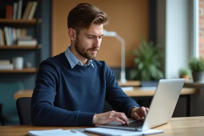 Jeune enseignant en bureau moderne organise ses emails