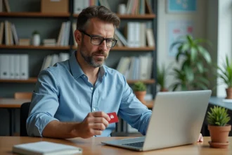 Professeur homme assis à son bureau en salle de classe moderne