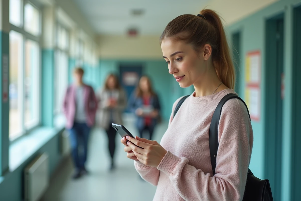 Jeune enseignante v&eacute;rifiant son email sur smartphone dans le couloir